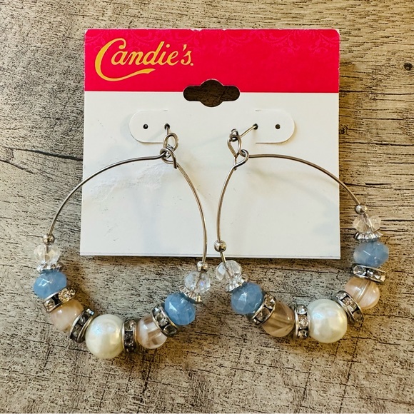 CANDIE'S Earrings Hoop Bead Crystal & Faux Pearl Large Oval Statement Bohemian - Picture 4 of 5